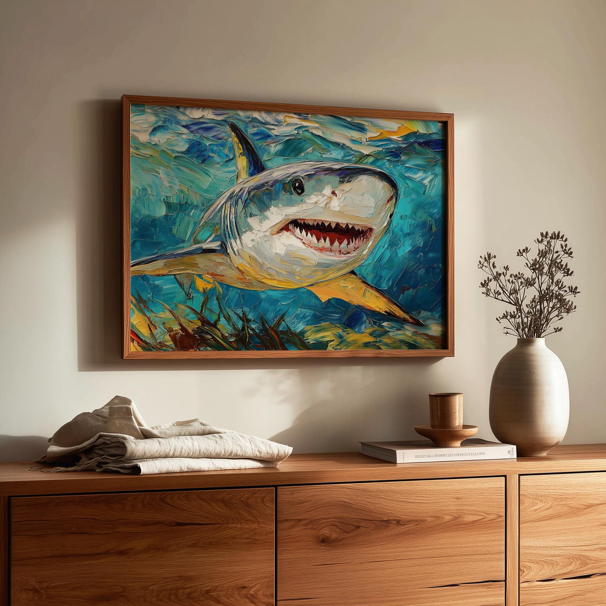 Bold Shark animal art print shown in a room setting