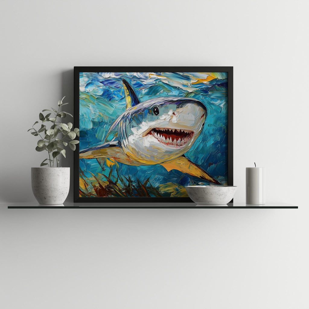 Bold Shark animal art print shown in a room setting