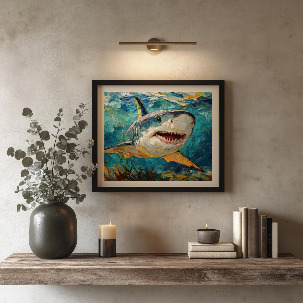Bold Shark animal art print shown in a room setting