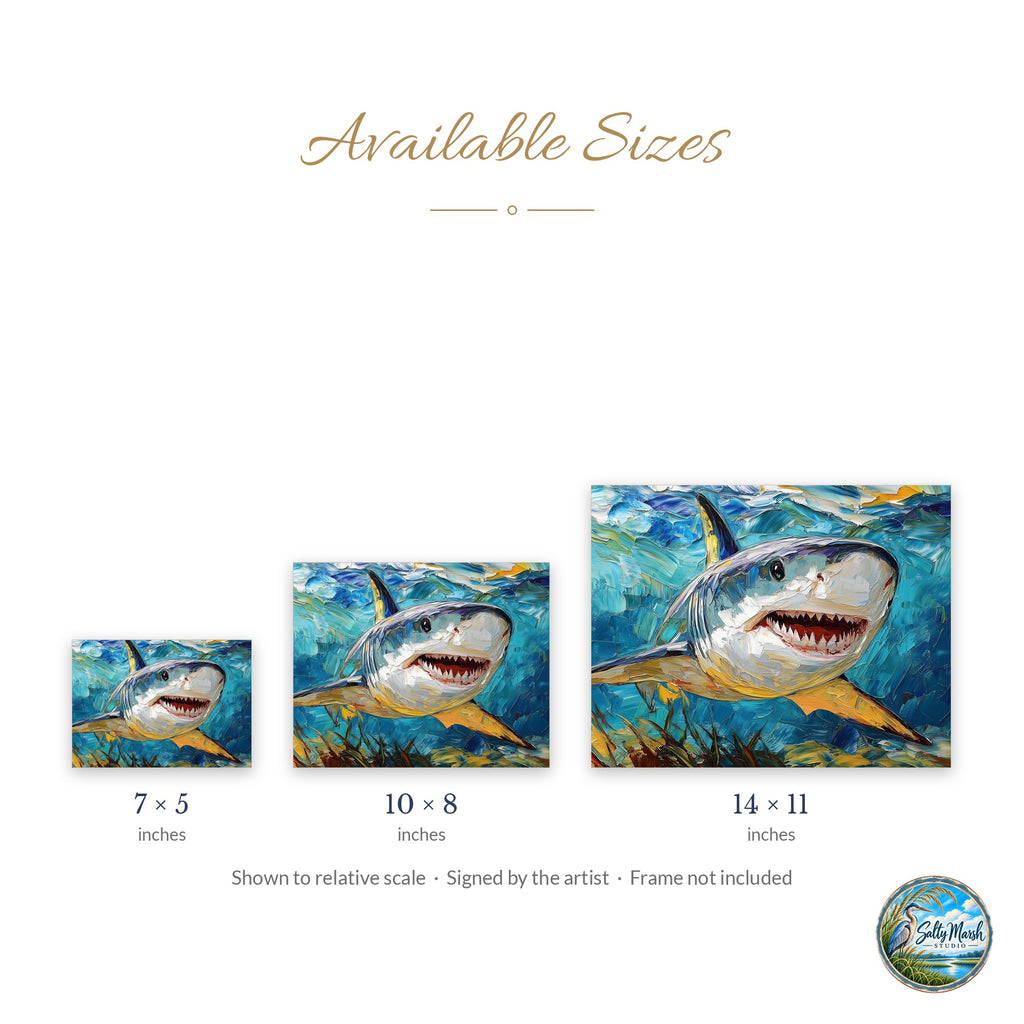 Bold Shark art print size guide: 5x7, 8x10 and 11x14