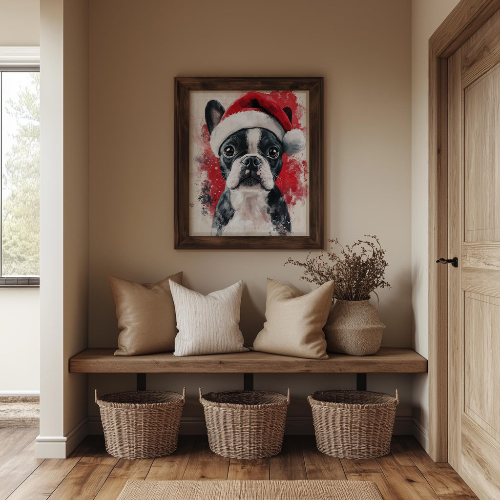 Boston Santa Hat Christmas art print shown in a room setting