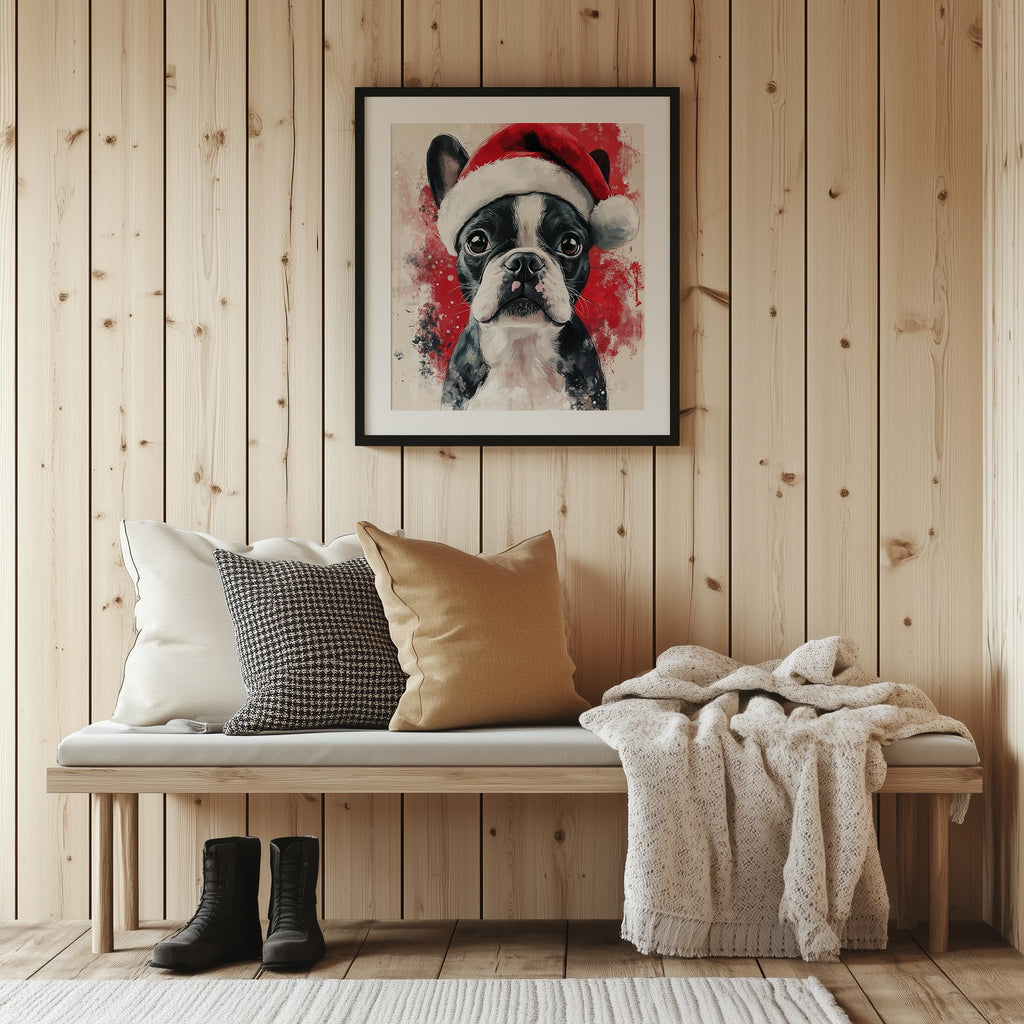 Boston Santa Hat Christmas art print shown in a room setting