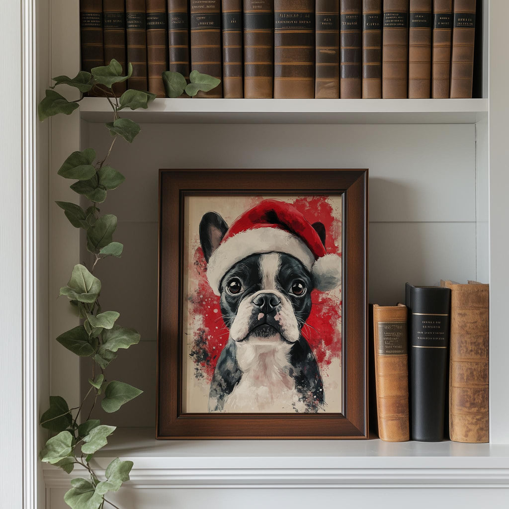 Boston Santa Hat Christmas art print shown in a room setting