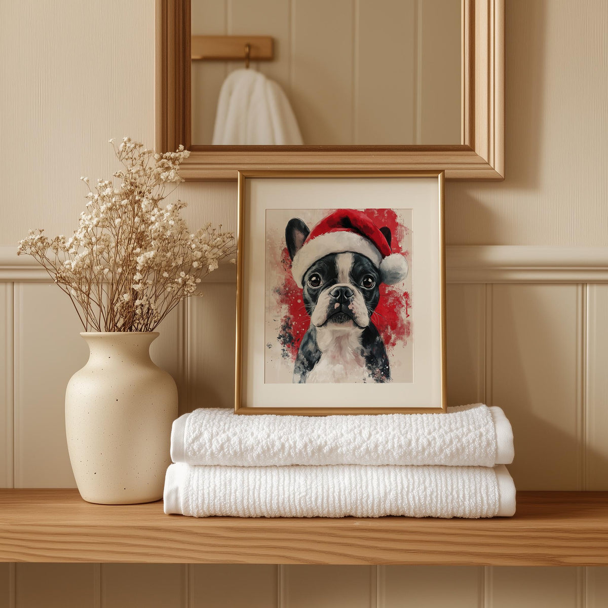 Boston Santa Hat Christmas art print shown in a room setting