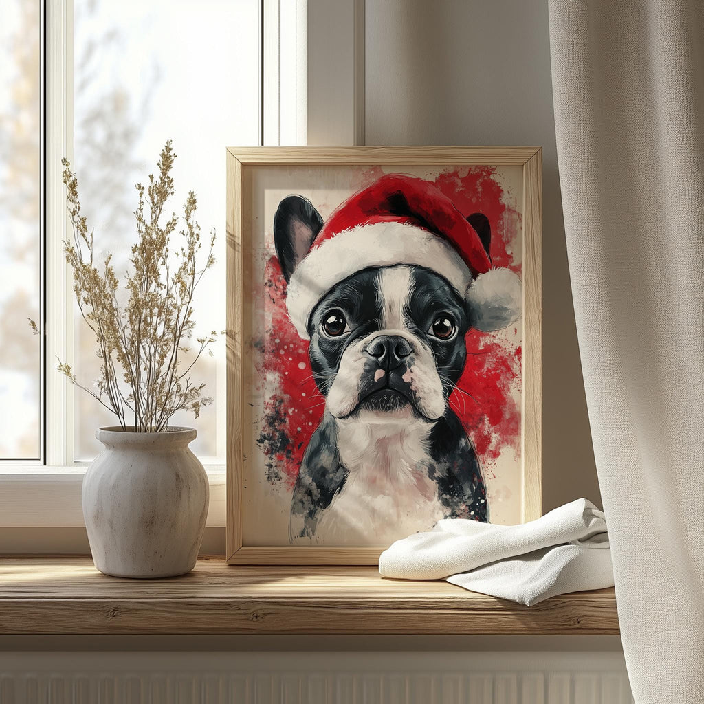 Boston Santa Hat Christmas art print shown in a room setting