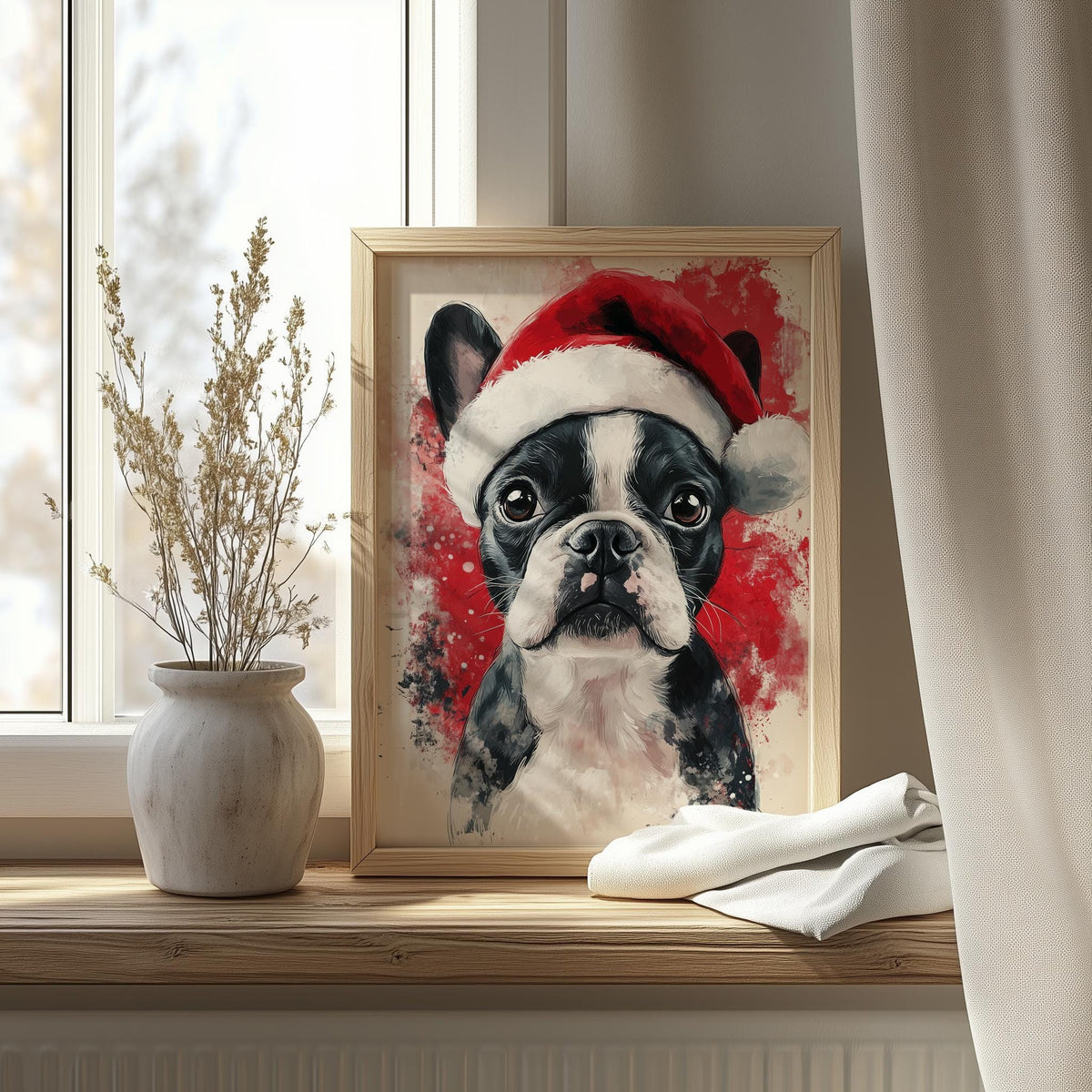 Boston Santa Hat Christmas art print shown in a room setting