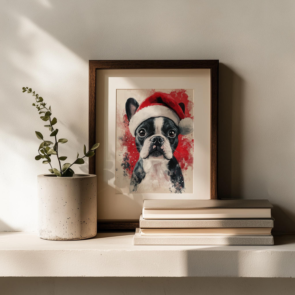 Boston Santa Hat Christmas art print shown in a room setting