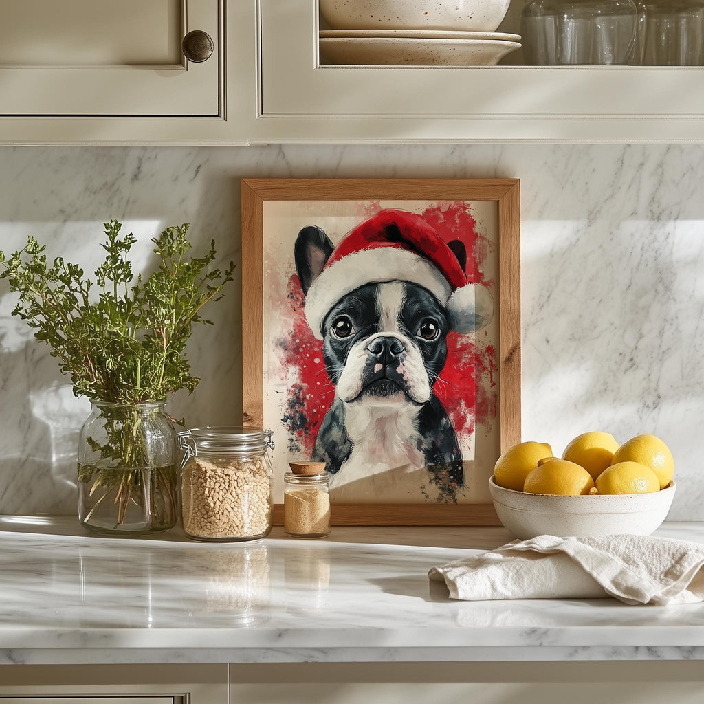Boston Santa Hat Christmas art print shown in a room setting
