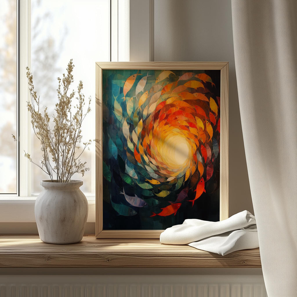Fish Vortex animal art print shown in a room setting