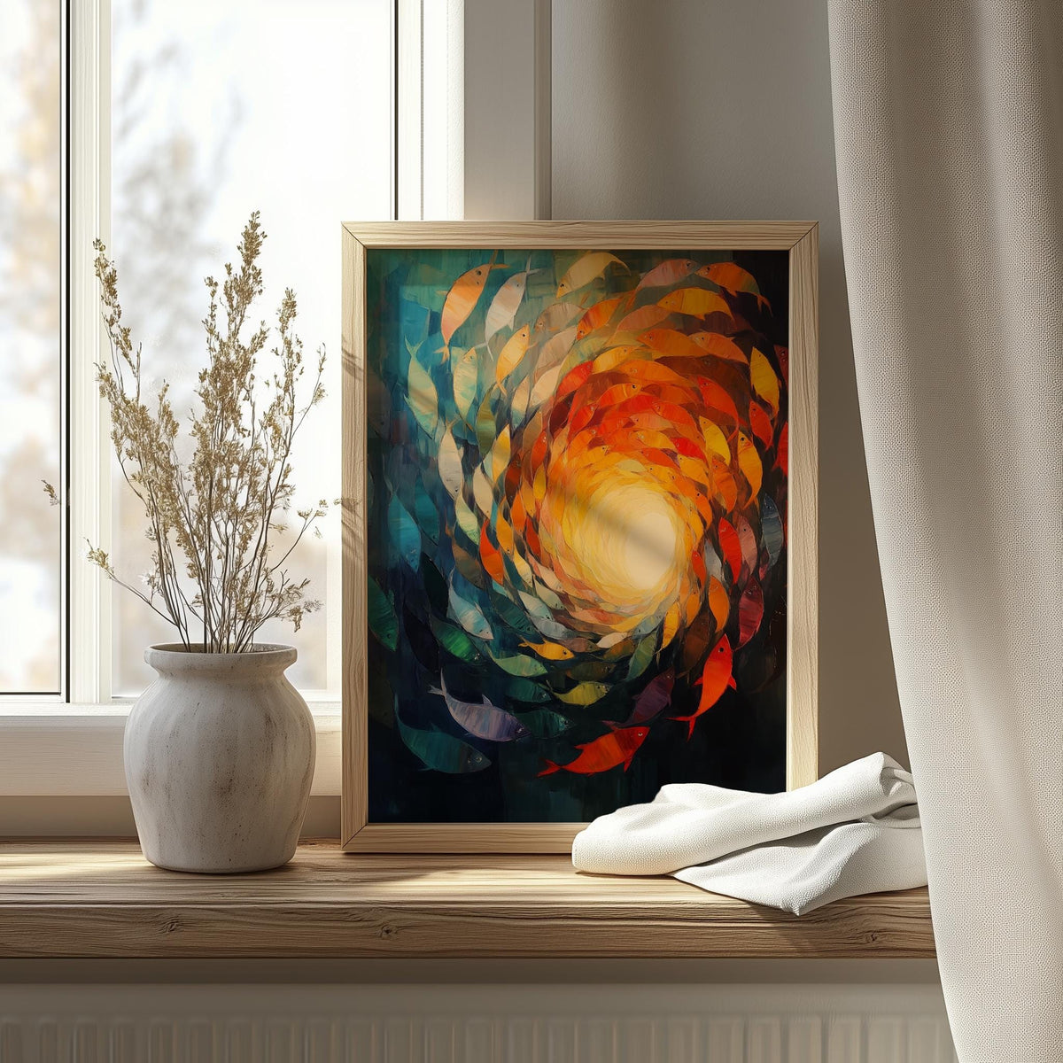 Fish Vortex animal art print shown in a room setting
