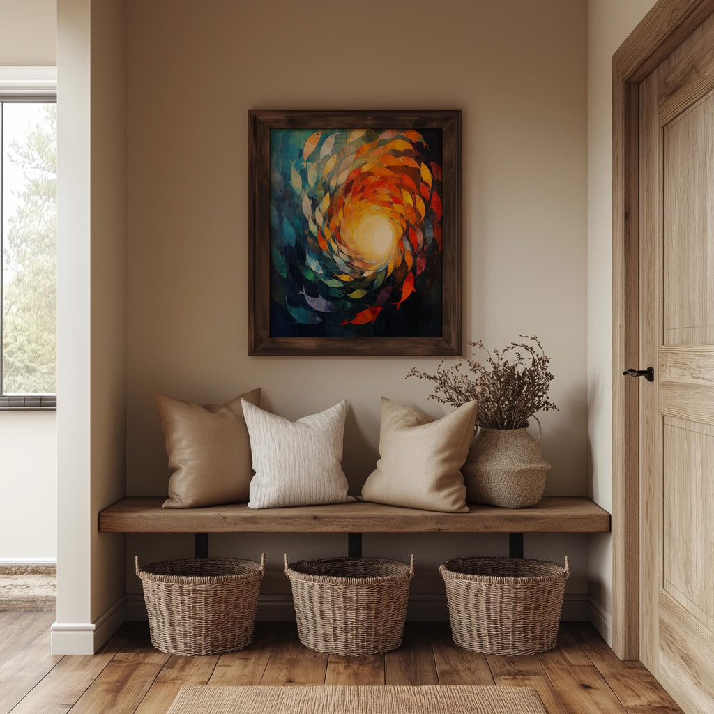 Fish Vortex animal art print shown in a room setting