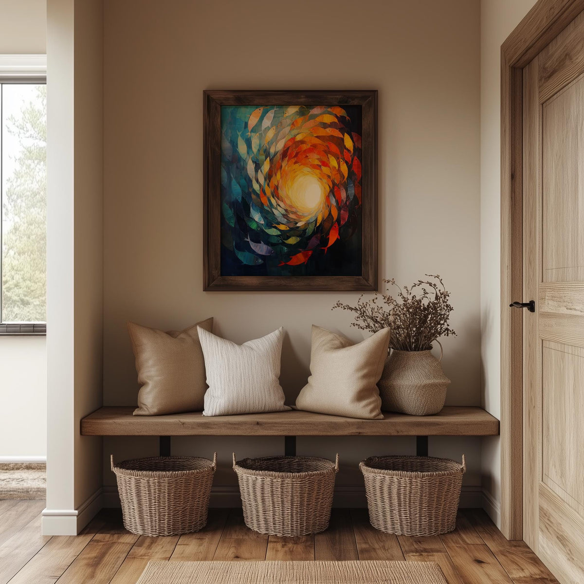 Fish Vortex animal art print shown in a room setting