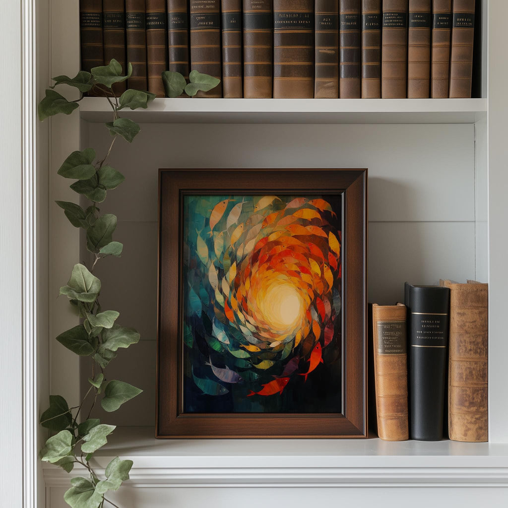 Fish Vortex animal art print shown in a room setting