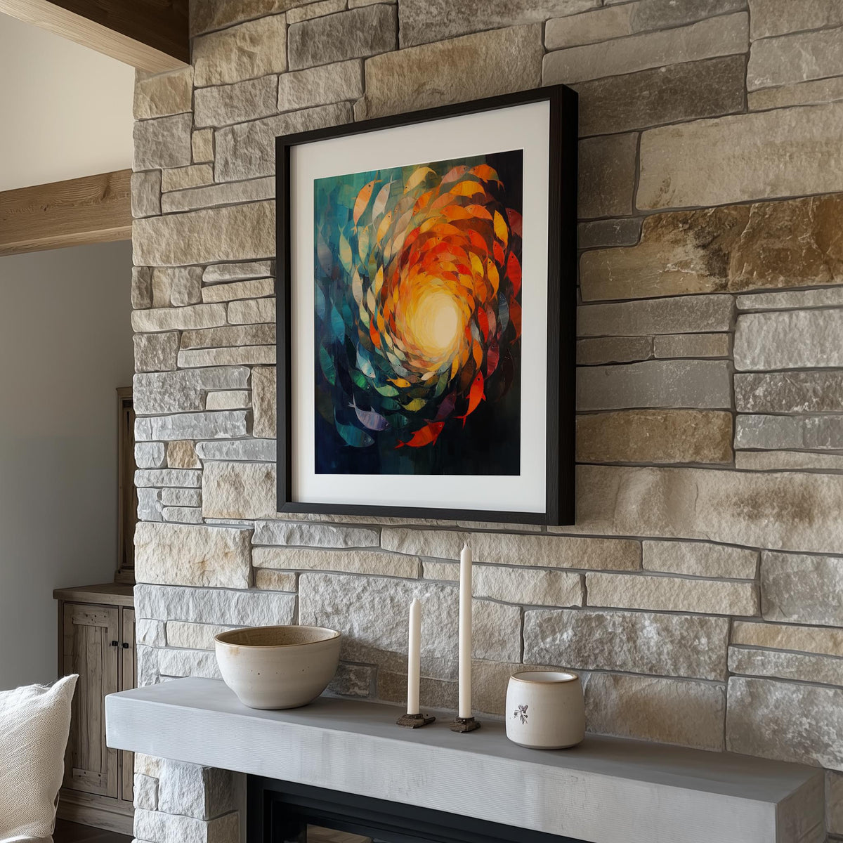 Fish Vortex animal art print shown in a room setting