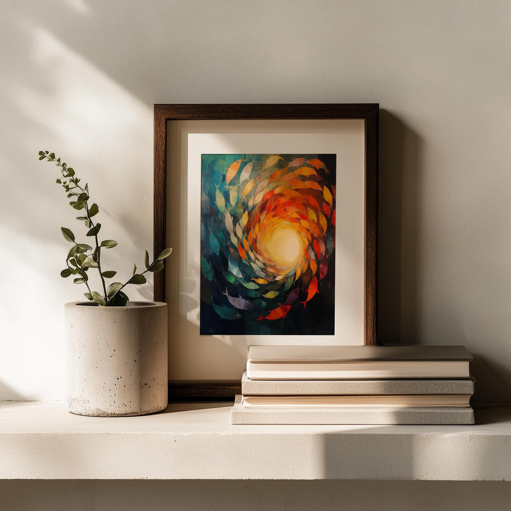 Fish Vortex animal art print shown in a room setting
