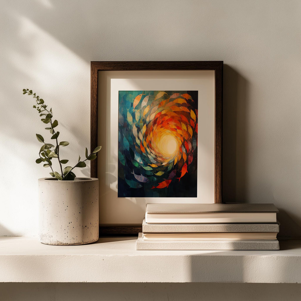 Fish Vortex animal art print shown in a room setting