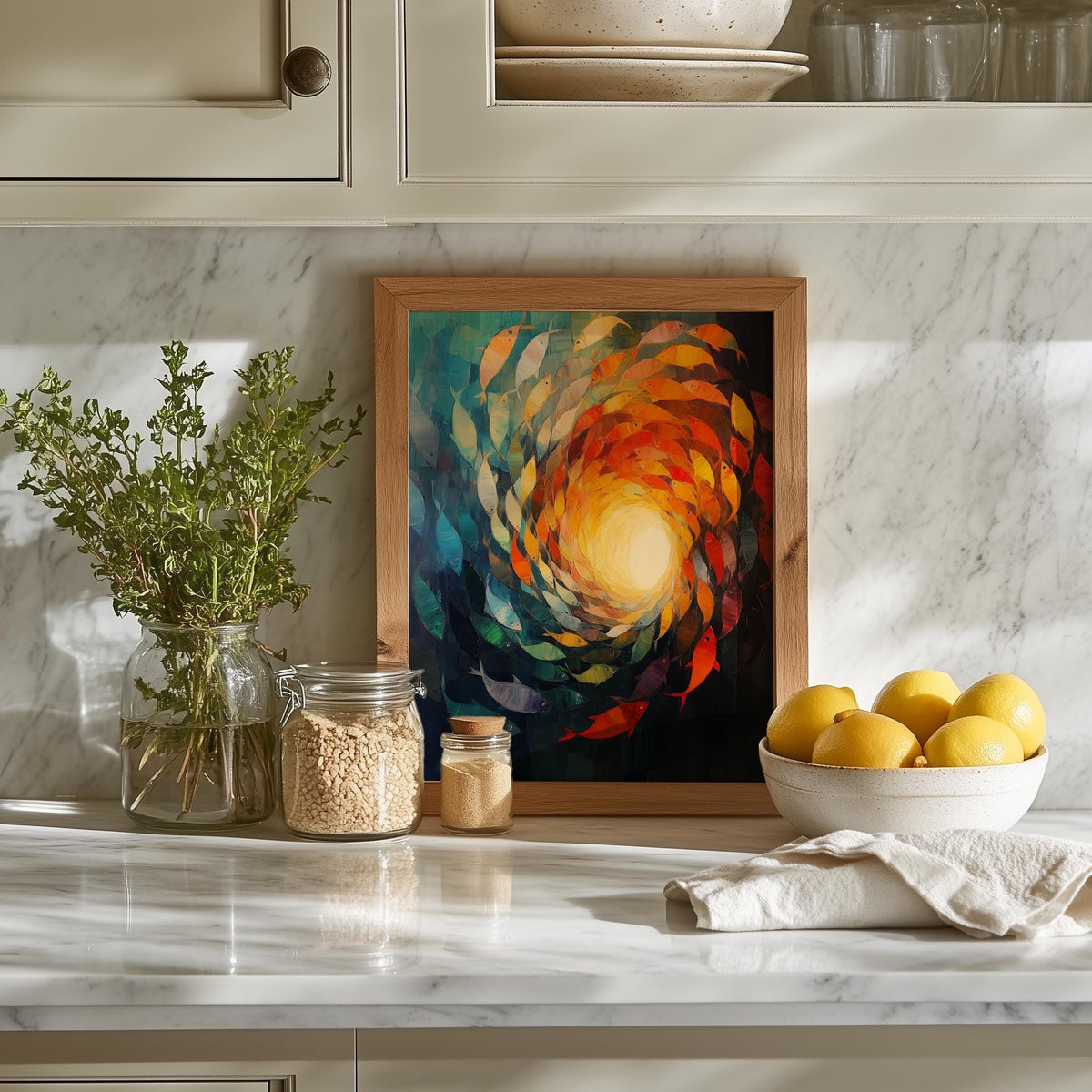 Fish Vortex animal art print shown in a room setting