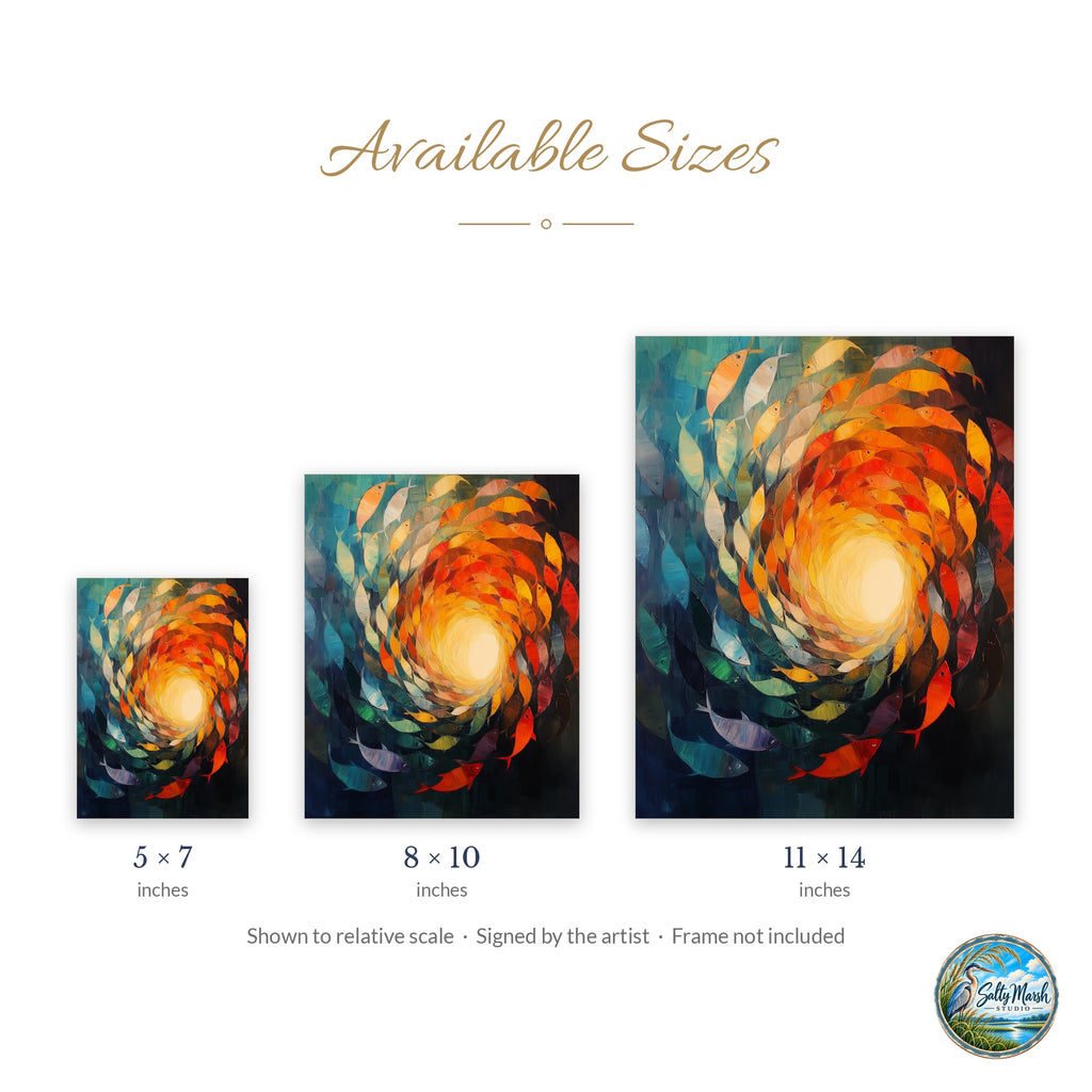 Fish Vortex art print size guide: 5x7, 8x10 and 11x14