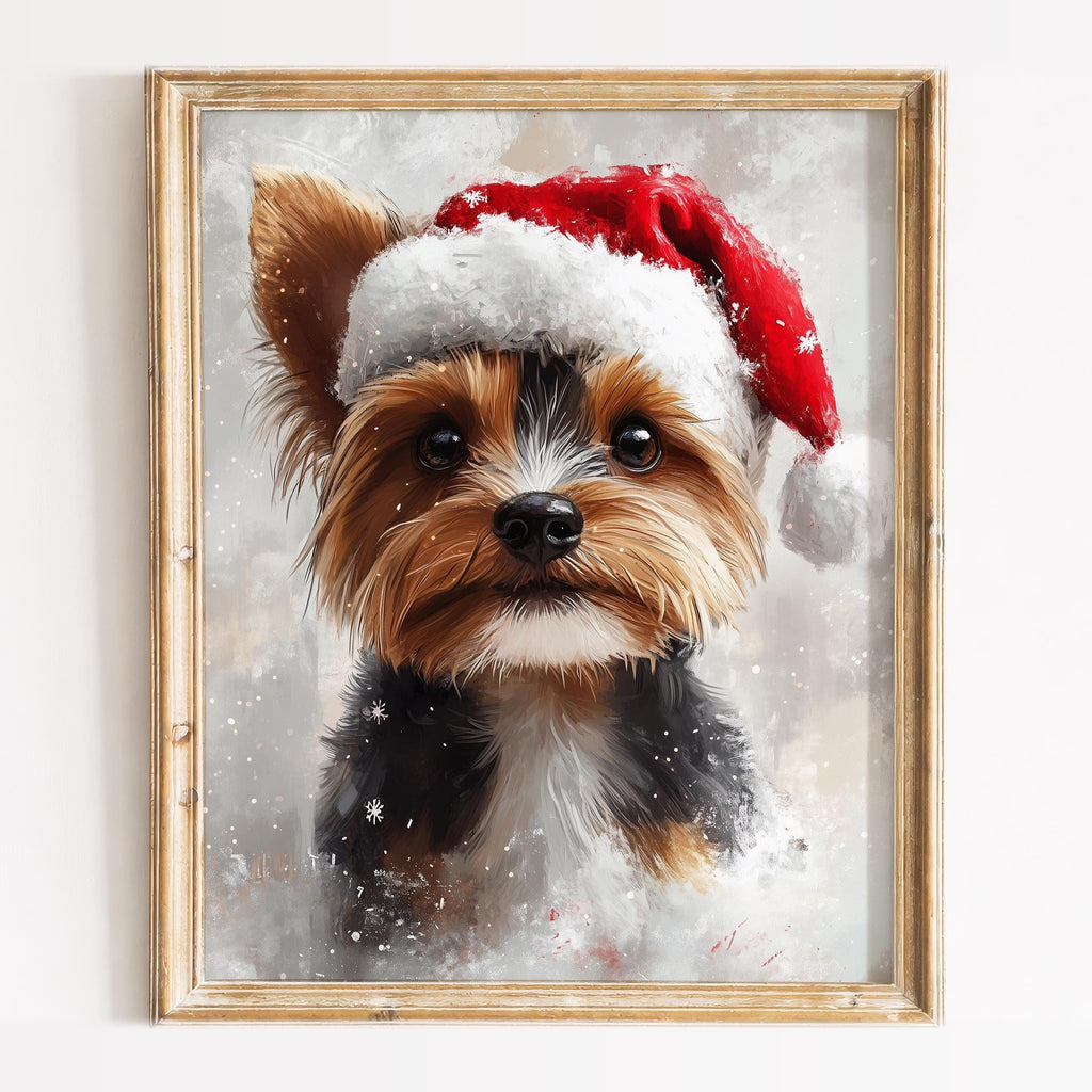 Yorkie Santa Hat Christmas art print framed
