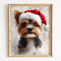 Yorkie Santa Hat Christmas art print framed