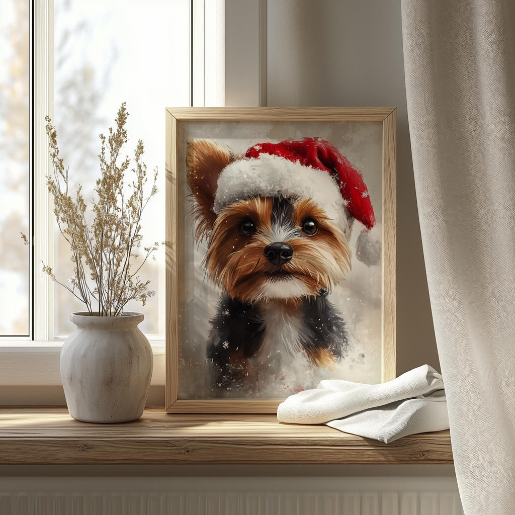 Yorkie Santa Hat Christmas art print shown in a room setting