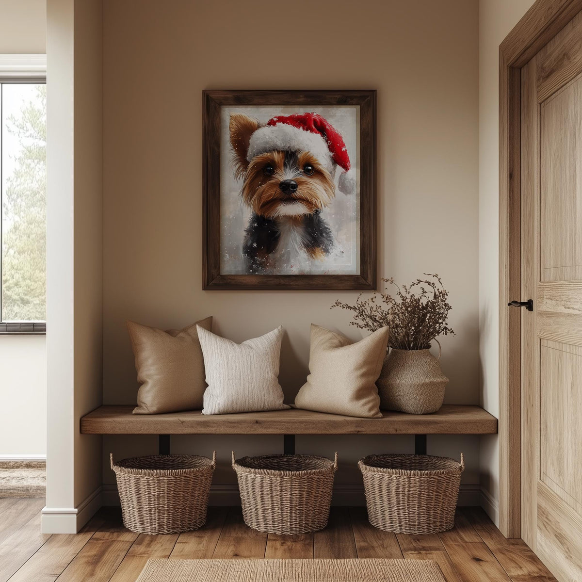 Yorkie Santa Hat Christmas art print shown in a room setting