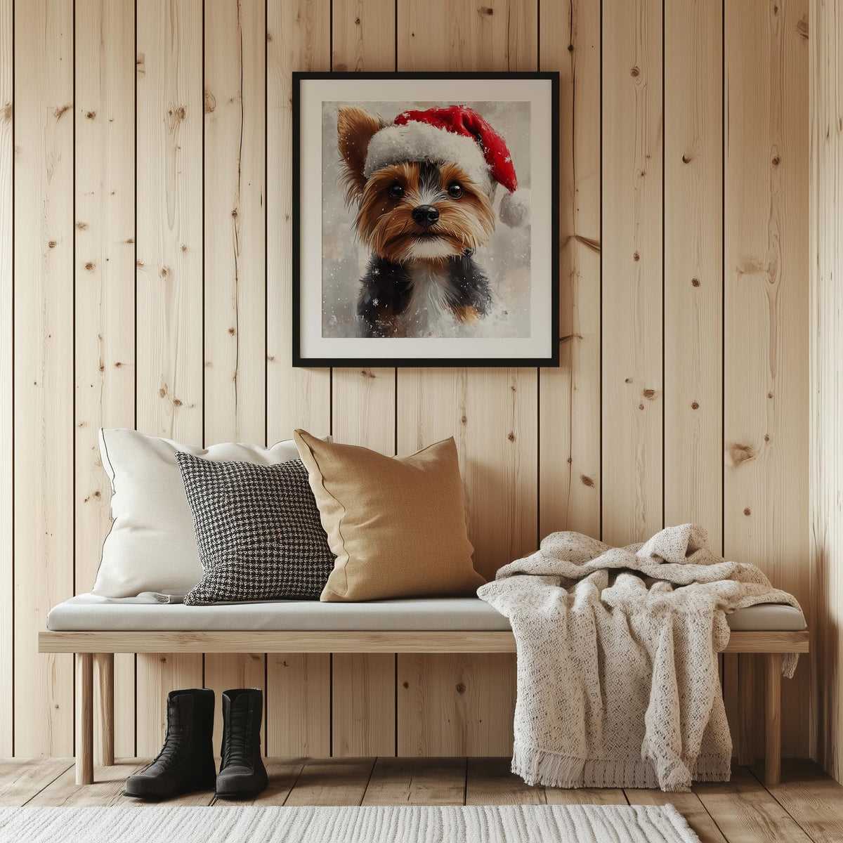 Yorkie Santa Hat Christmas art print shown in a room setting