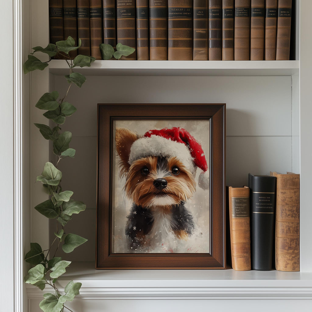 Yorkie Santa Hat Christmas art print shown in a room setting