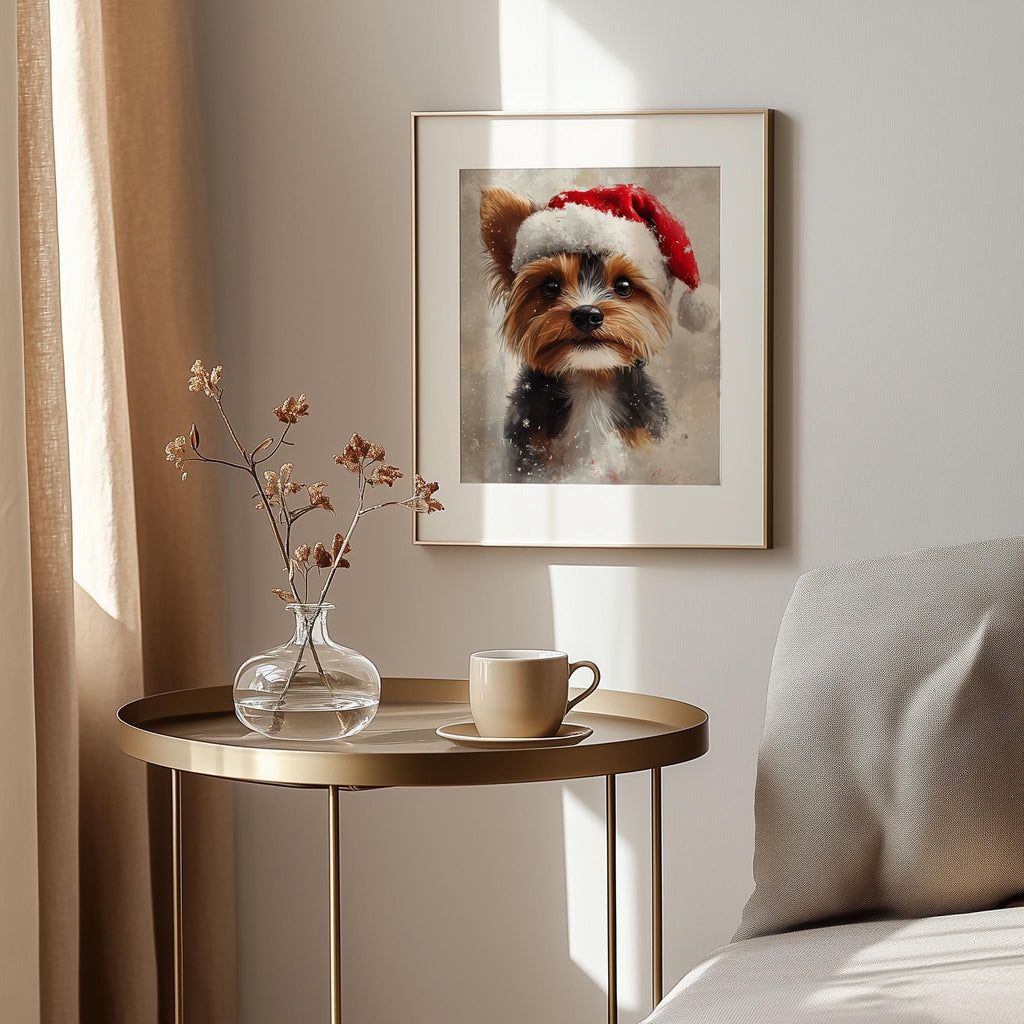 Yorkie Santa Hat Christmas art print shown in a room setting