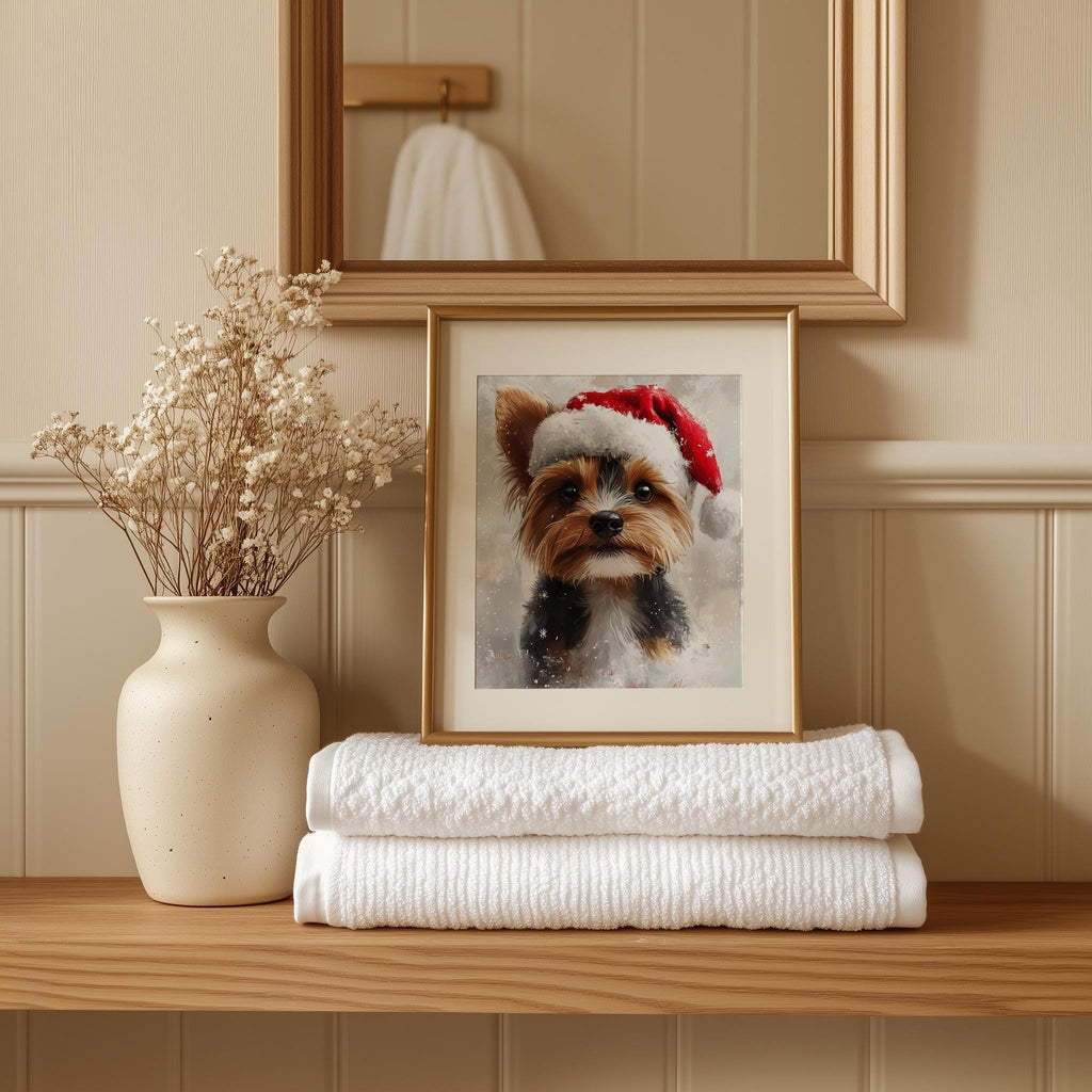 Yorkie Santa Hat Christmas art print shown in a room setting