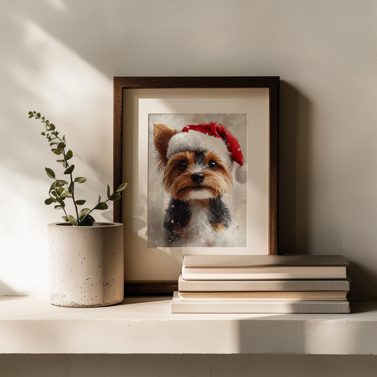 Yorkie Santa Hat Christmas art print shown in a room setting