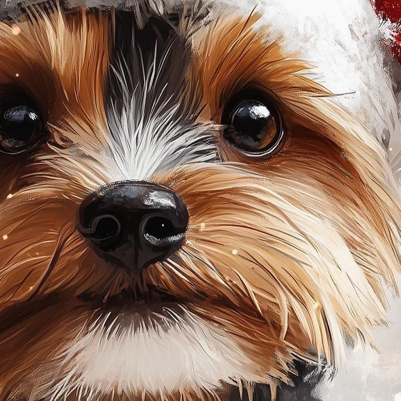 Yorkie Santa Hat Christmas art print close-up detail