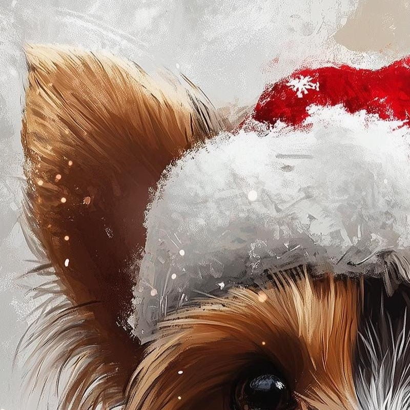 Yorkie Santa Hat Christmas art print close-up detail