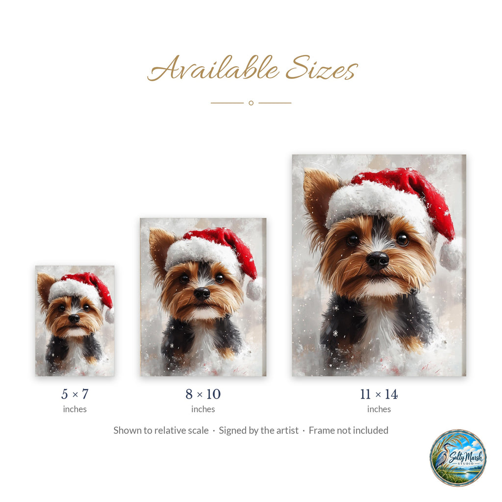 Yorkie Santa Hat art print size guide: 5x7, 8x10 and 11x14