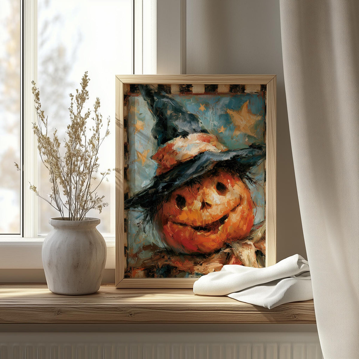 Jack Witch Hat Halloween art print shown in a room setting