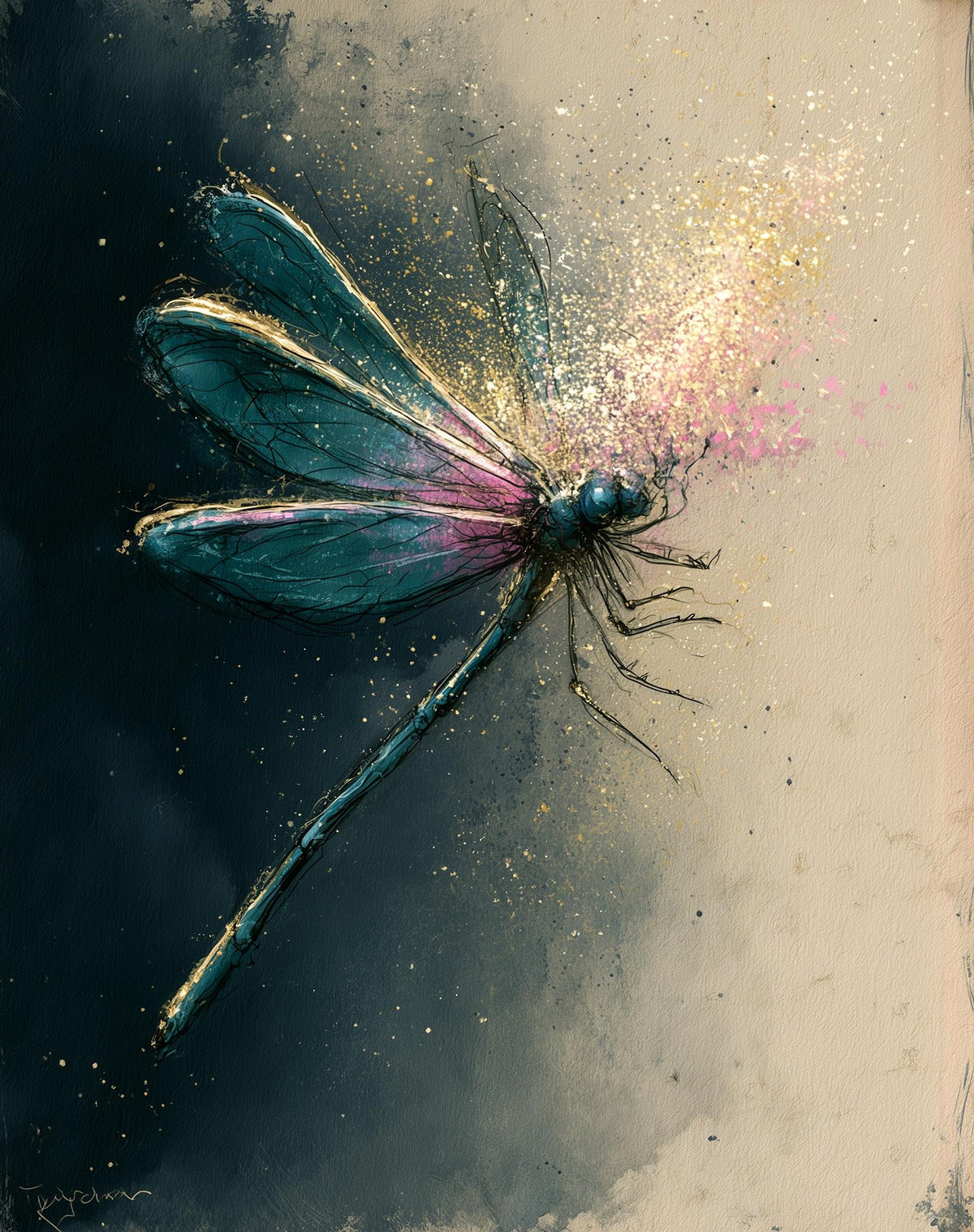 Moody Dragonfly animal art print unframed, signed by Pattie Overcash