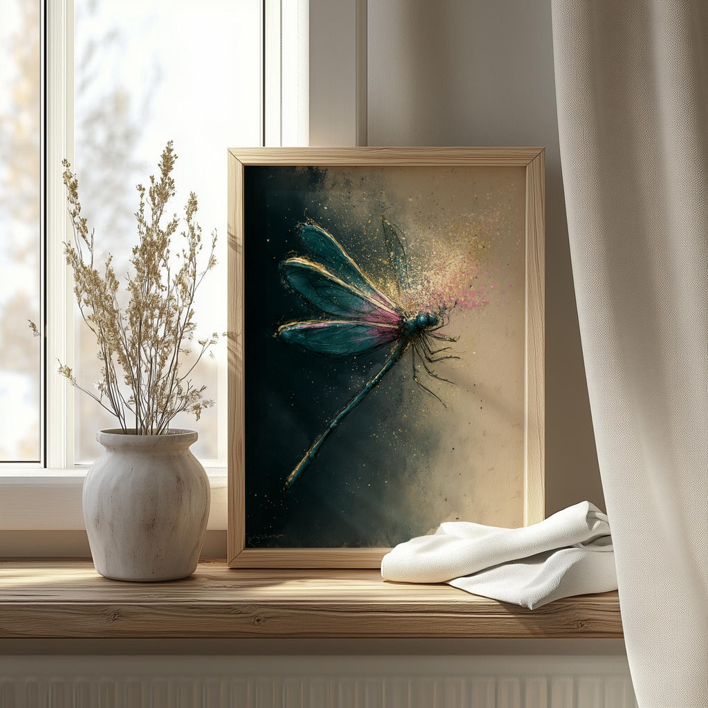 Moody Dragonfly animal art print shown in a room setting