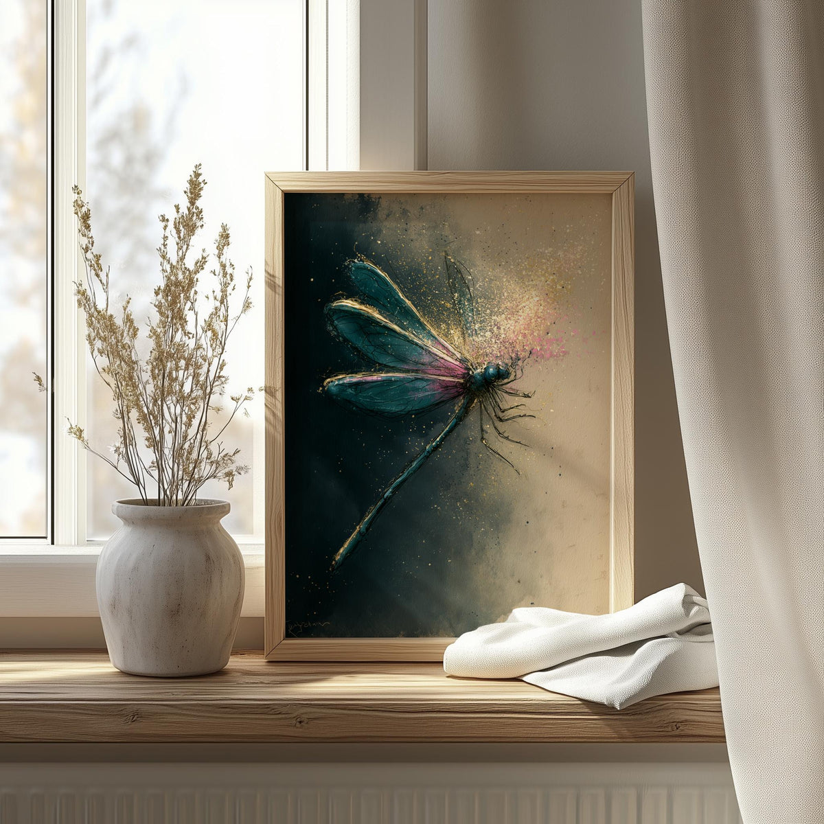 Moody Dragonfly animal art print shown in a room setting