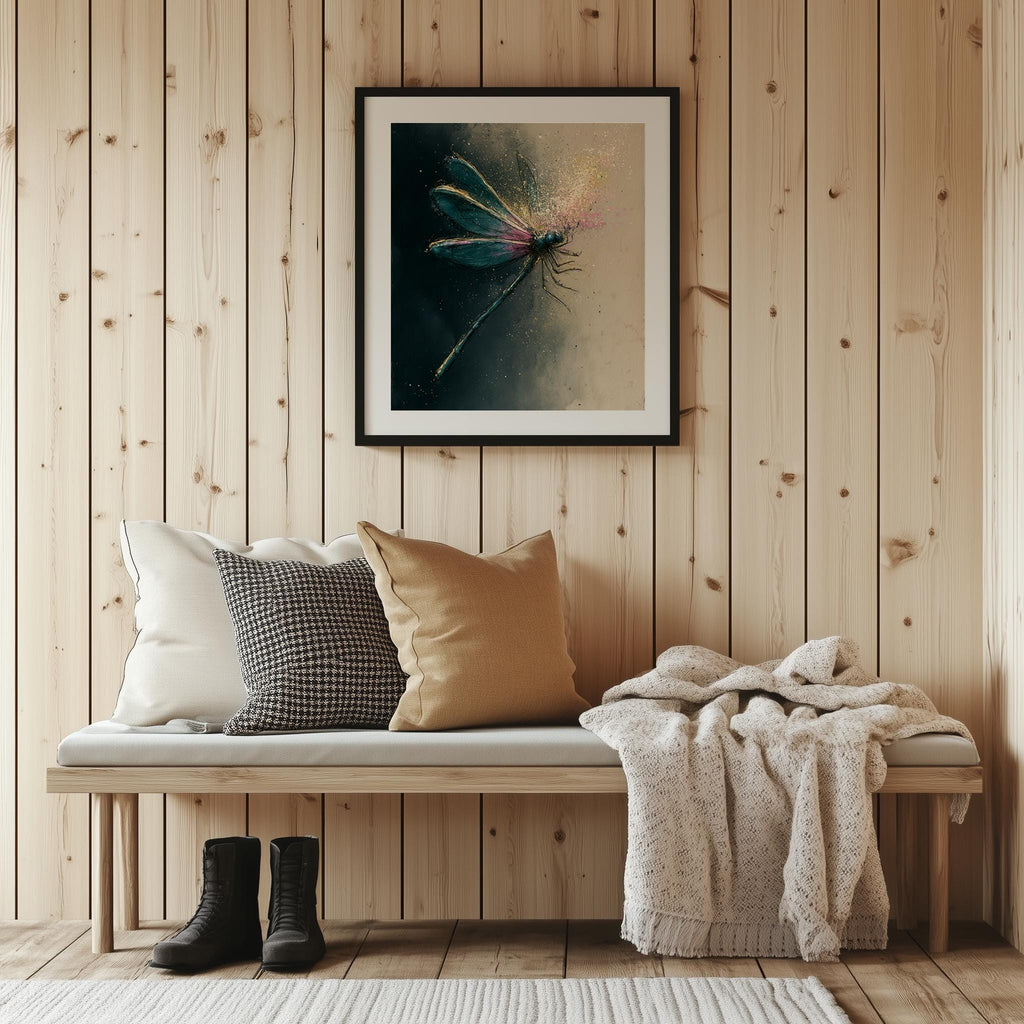 Moody Dragonfly animal art print shown in a room setting