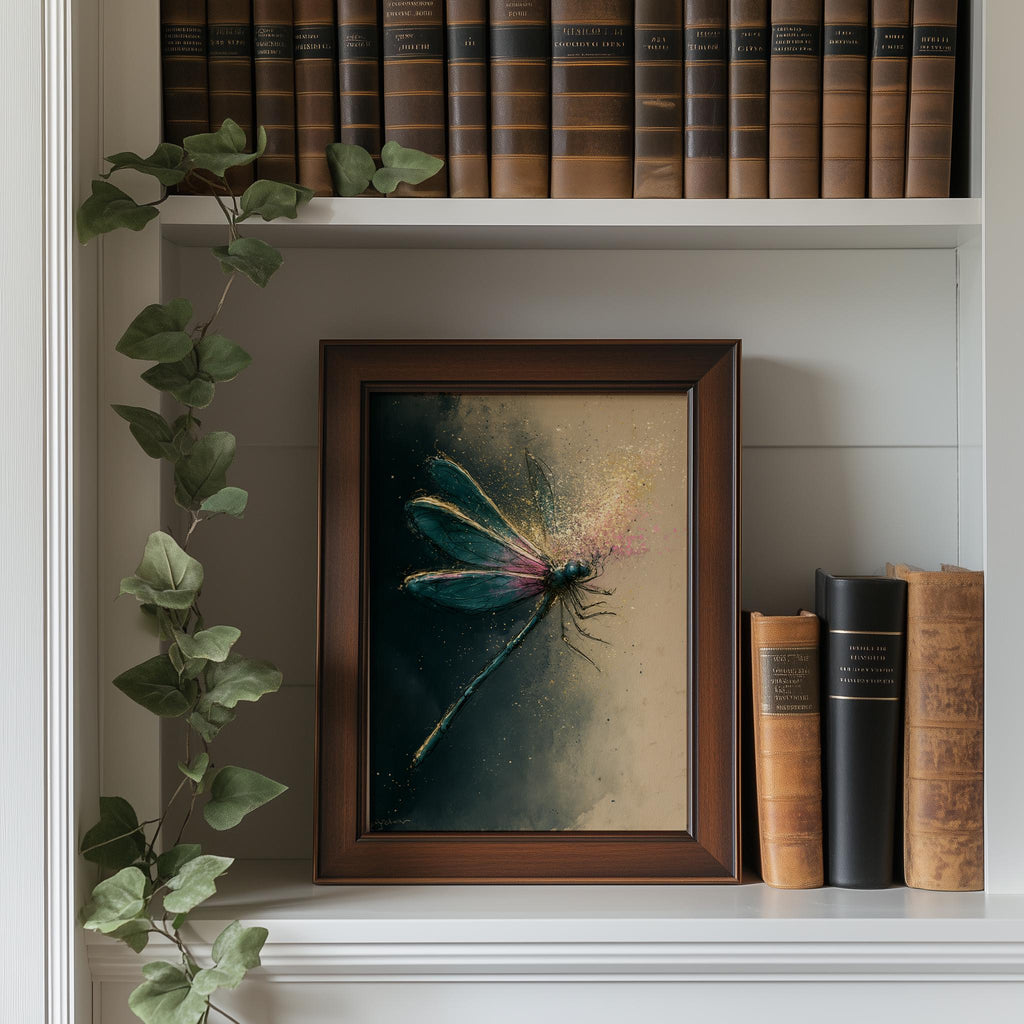 Moody Dragonfly animal art print shown in a room setting