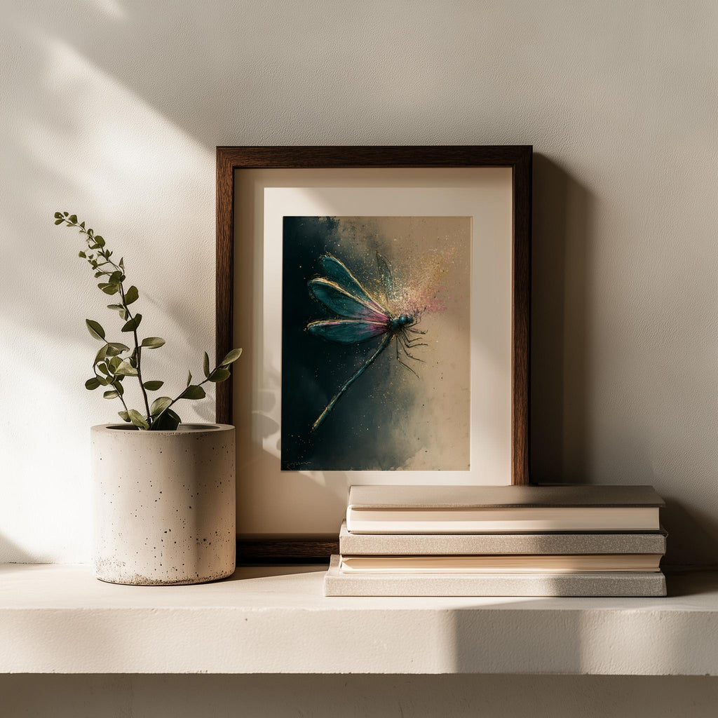 Moody Dragonfly animal art print shown in a room setting