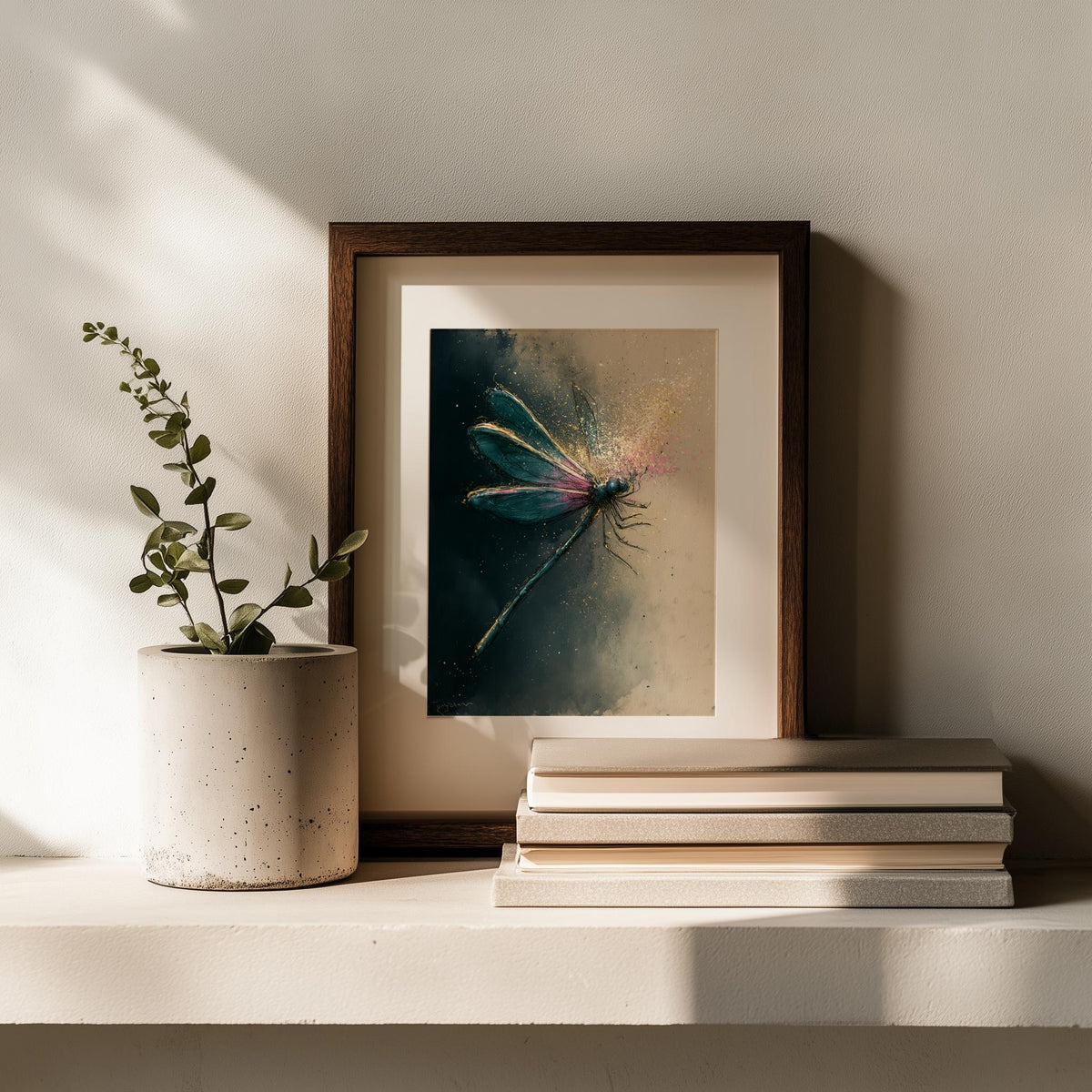Moody Dragonfly animal art print shown in a room setting