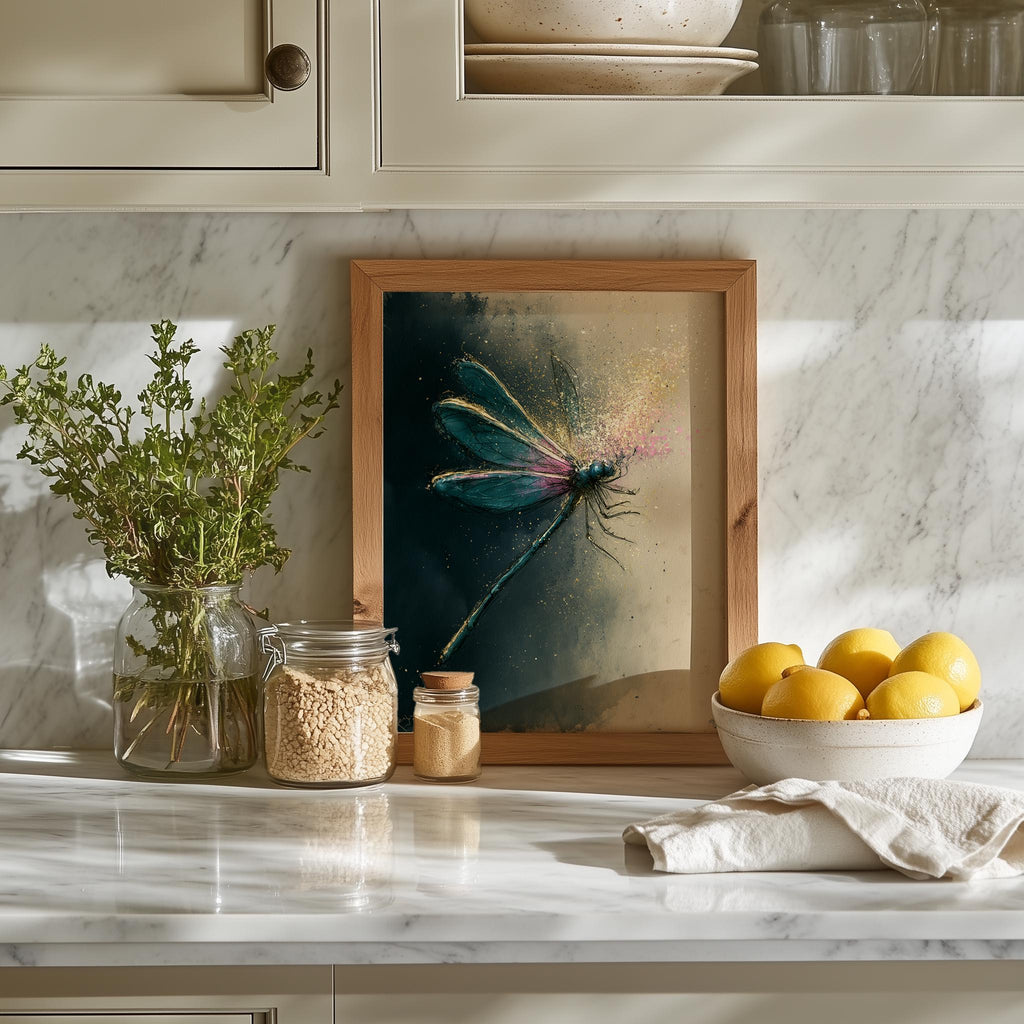 Moody Dragonfly animal art print shown in a room setting