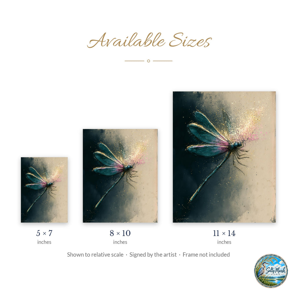 Moody Dragonfly art print size guide: 5x7, 8x10 and 11x14