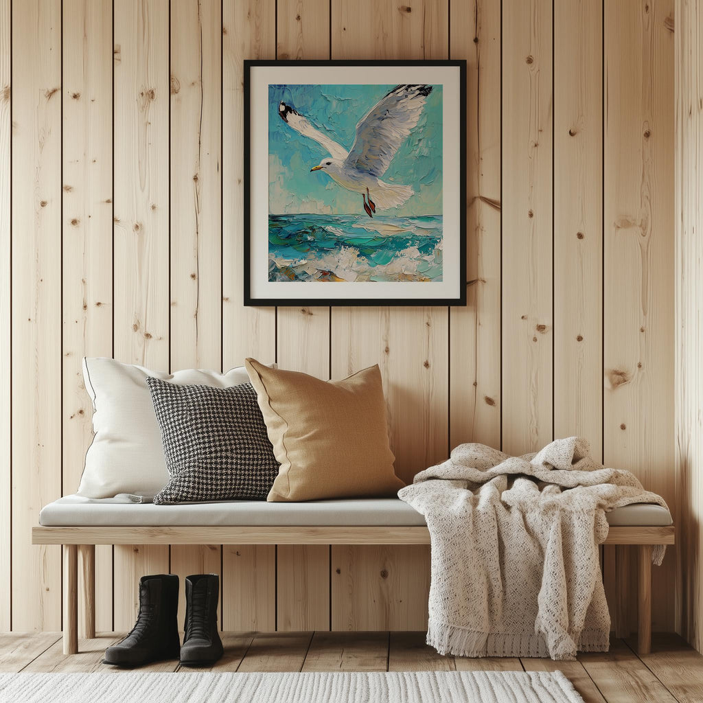 Seagull Waves animal art print shown in a room setting