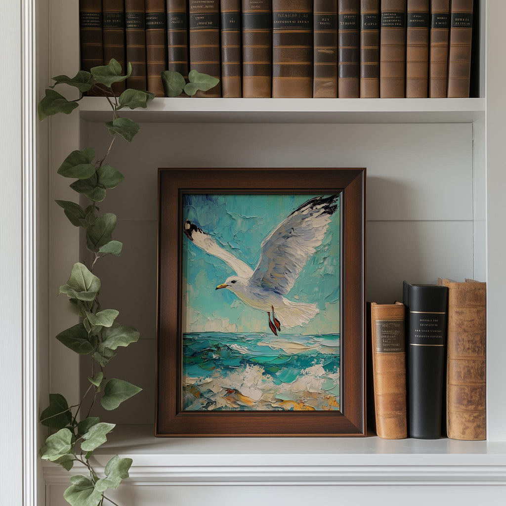 Seagull Waves animal art print shown in a room setting