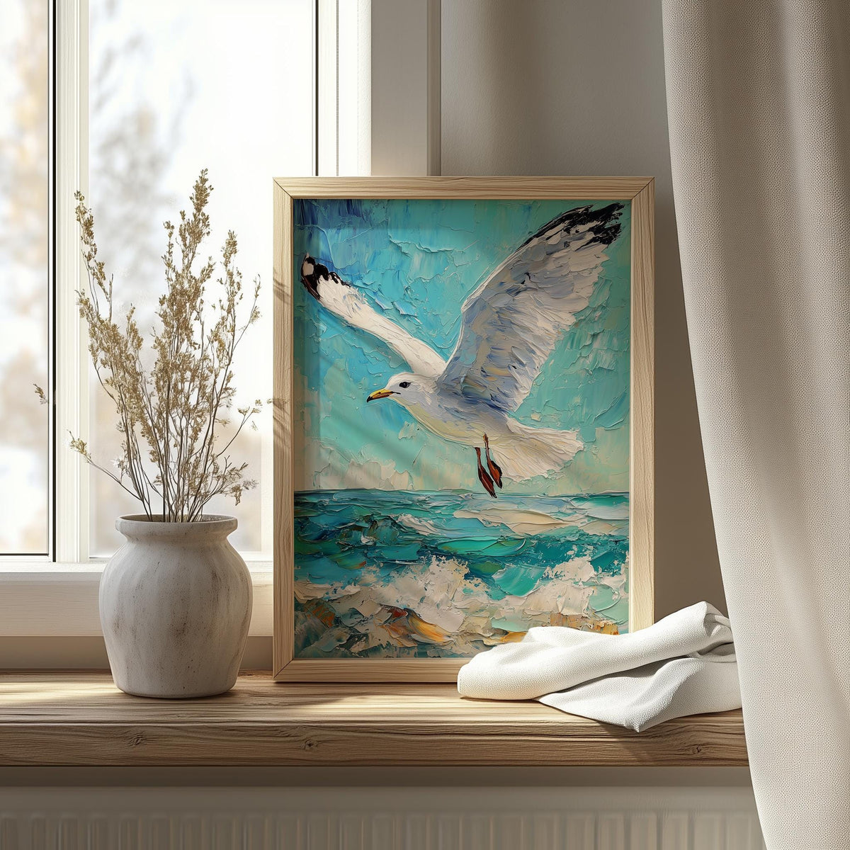 Seagull Waves animal art print shown in a room setting