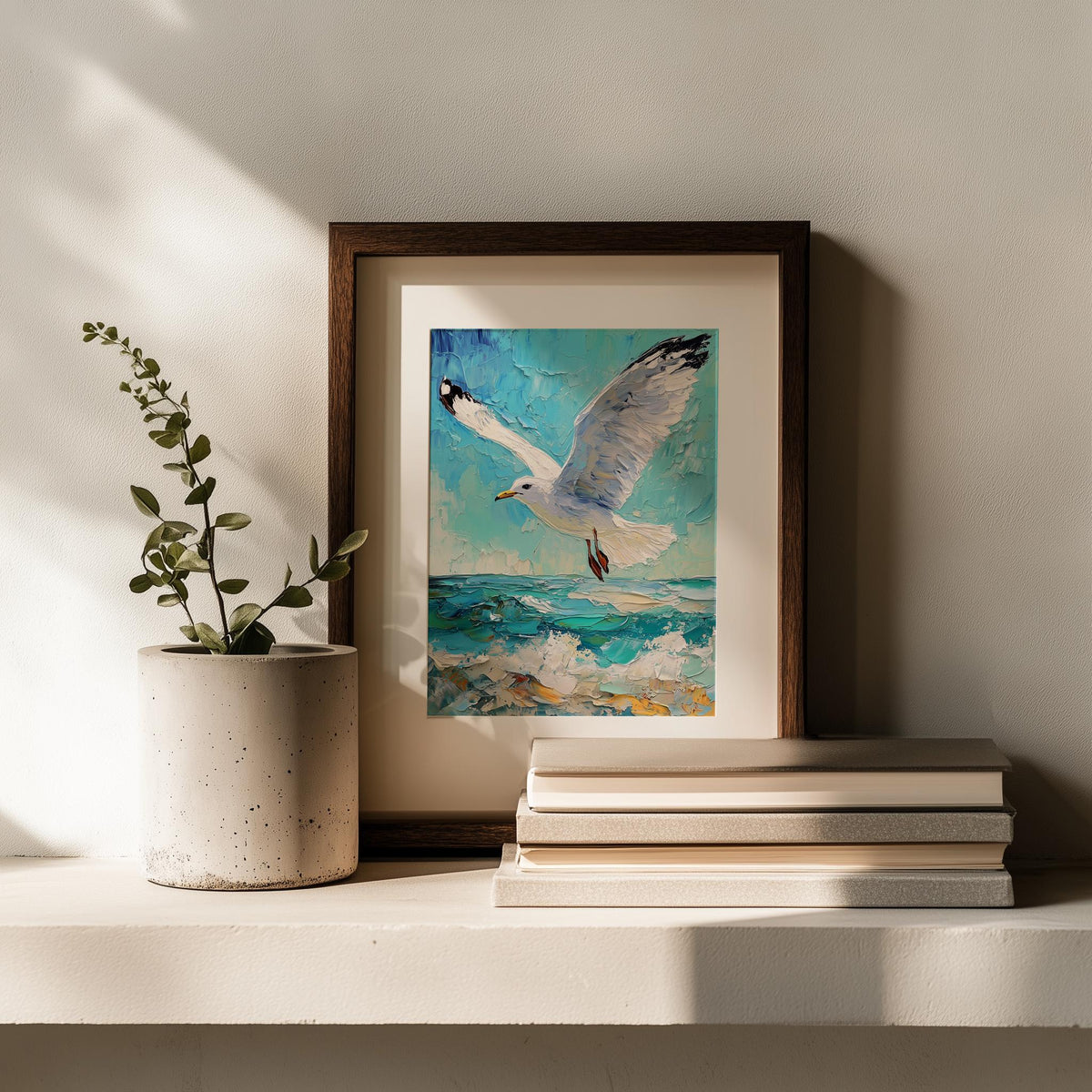 Seagull Waves animal art print shown in a room setting