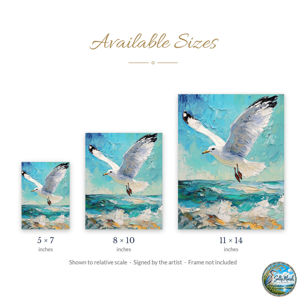 Seagull Waves art print size guide: 5x7, 8x10 and 11x14