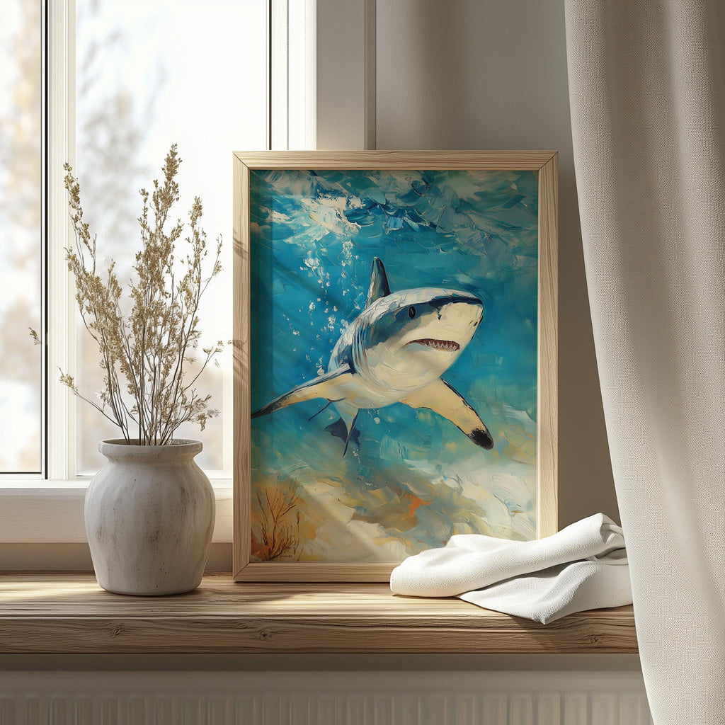 Sunlit Shark animal art print shown in a room setting